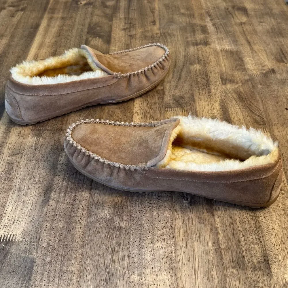 L.L.Bean Wicked Good Slippers Venetian Shearling Moccasin Suede Brown Men’s 14